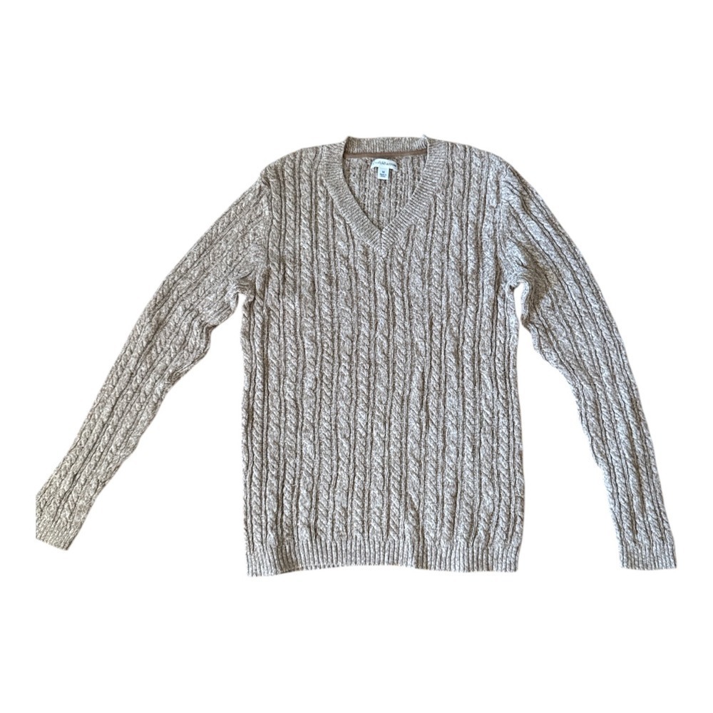 Croft & Barrow Tan Cable Knit V Neck Sweater Medium Cotton Long Sleeve